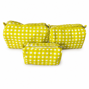 Premium Yellow Gingham 3 Piece Quilted <b>Makeup</b> Pouch Set Cotton Cosmetic Bags for Women Travel Toiletry Organizer Zipper <b>Cases</b> - Product Image 5