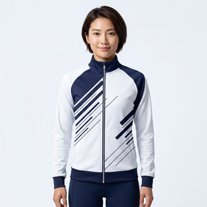 Unisex Geometric Print Long Racer Jacket <b>Zipper</b> Closure Stand Collar Sporty Style Winter Outerwear <b>Fleece</b> Material Front - Product Image 5