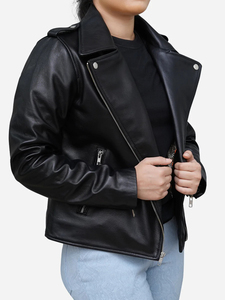 Veste de moto en cuir véritable pour femme Designer Biker Jet Black Première couche du Pakistan Décorations de broderie à rayures perlées - Product Image 3