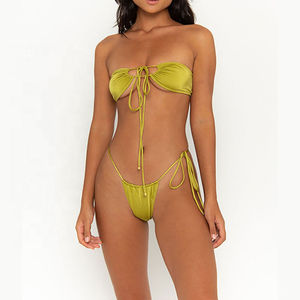 Women's Lime Green <b>Crossed</b> Halter Bikini Set with Drawstring Thong Bottoms Solid Color Spandex/Nylon Front Logo - Product Image 5