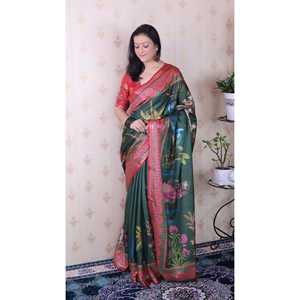Bottle Green Soft Tussar Silk Pichwai Saree Traditional Printed Zari Woven <b>Indian</b> & <b>Pakistani</b> <b>Clothing</b> Elite Weaves 450g - Product Image 3