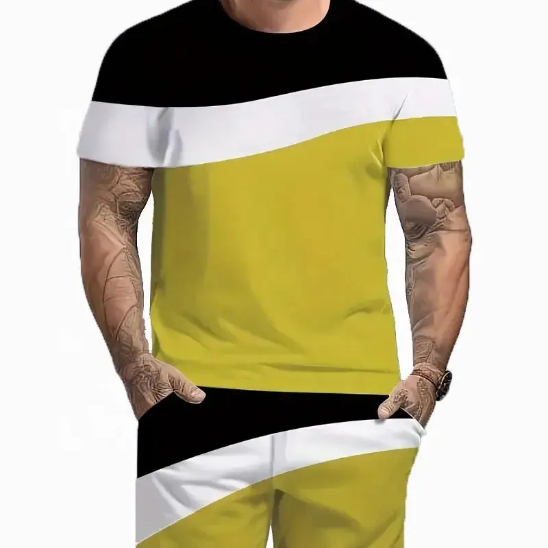 Trajes de 2 piezas de talla grande para hombre, conjunto informal de Camiseta holgada de manga corta con bloque de Color amarillo y negro y pantalones cortos de chándal