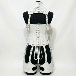 <b>Underbust</b> Steelboned Gothic And Fashion Wear White Leather <b>Corset</b> With Neck And Leg Harness - Product Image 2