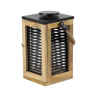 Lanterne de table vintage style ferme en bois gris vieilli avec découpe, dôme métallique, panneaux de verre et fermeture à loquet - Product Image 4