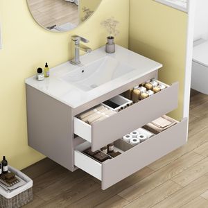 Mobile Bagno Sospeso da 32 Pollici con Doppio Cassetto, Ante Arrotondate, Sistema Soft-Close, Lavabo in Ceramica, Nessun Montaggio Hardware Richiesto - Product Image 2