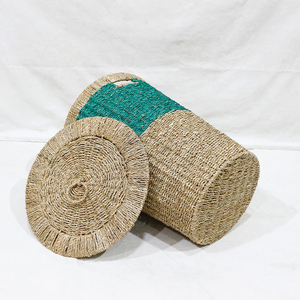 Panier à linge rond multifonctionnel en jonc de mer écologique, rustique, avec couvercle, bicolore, grand panier de rangement pour vêtements tressé - Product Image 4