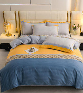 Blue Yellow <b>Striped</b> <b>Bedding</b> <b>Set</b> With Geometric Pattern Adult Size Modern Design - Product Image 1