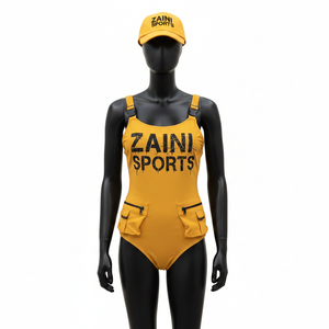 Maillot de bain une pièce pour femme en nylon et élasthanne extensible, couleur moutarde, avec empiècements à poches utilitaires et logo personnalisé sérigraphié - Product Image 6