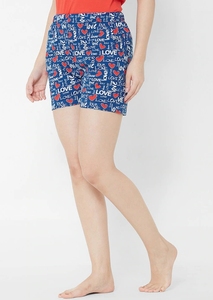 Women's Blue Print Cotton Shorts Casual <b>Elastic</b> Waist Knitted Breathable Regular Fit Letter Pattern - Product Image 2