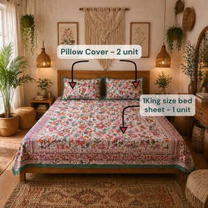 Parure de draps plats en coton imprimé à la main de Jaipur, taille King, teintures non toxiques, doux, respirant, durable, écologique, style bohème, 200TC - Product Image 6