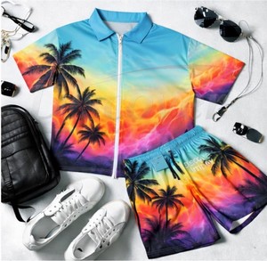Ensemble polo et short pour homme avec fermeture éclair, sublimation personnalisée, 2 pièces, vêtements de plage, style hawaïen, tenue décontractée d'été - Product Image 6