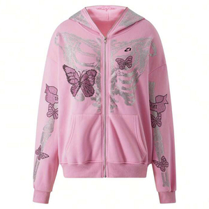 Sweat à capuche zippé en molleton de coton, motif papillon squelette en strass, coupe oversize, style streetwear, fabrication sur mesure - Product Image 3