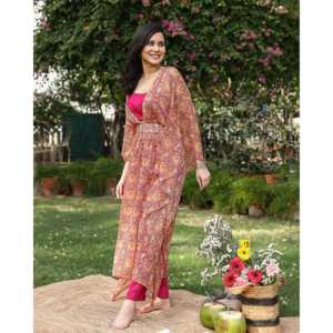 Conjunto de Kaftán Bohemio de Gasa Rosa Brillante, Talla XS, Mangas Tres Cuartos, Cuello en V, Estampado Floral, Adornado con Cuentas y Lentejuelas, Transpirable - Product Image 1