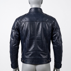 Chaqueta de Cuero Sintético Azul Marino para Hombre, Cuello Alto, Cierre de Cremallera Frontal, Bolsillos en el Pecho, Manga Larga, Ropa Exterior de Moda, Personalizable OEM ODM - Product Image 4