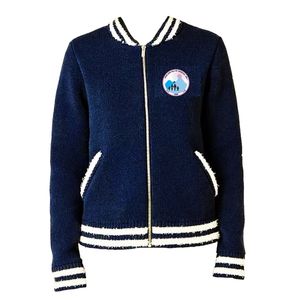 Women Knitted Full Zip Varsity <b>Cardigan</b> Jacket Long Sleeve Striped Ribbed Trim Embroidered Patch Casual Sweater <b>Coat</b> with Pocket - Product Image 2
