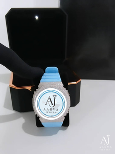 Montre à quartz analogique de luxe pour femme, bracelet en silicone, cadran rond en microfibre, pierres précieuses, bleu, 38 mm, 18 mm - Product Image 4
