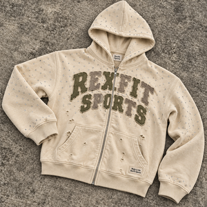 Sweat-shirt unisexe à fermeture éclair avec lettres imprimées en relief, en molleton délavé, avec détails cloutés et fermeture éclair frontale – Vente en gros - Product Image 1
