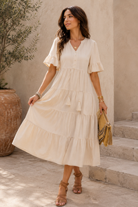 Robe midi beige à volants de haute qualité pour femmes, robe décontractée à manches courtes, col en V, en coton, style bohème, robe maxi pour l'été, prix de gros - Product Image 5