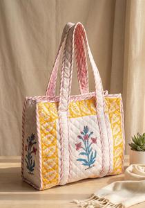 กระเป๋าโท้ทผ้าฝ้ายพิมพ์ลายดอกไม้สีเหลืองขนาดใหญ่แบบพรีเมียม กระเป๋าช้อปปิ้งจากเมืองชัยปุระ สำหรับขายปลีกและส่งออก - Product Image 2