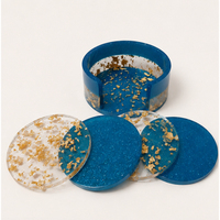 Ensemble de sous-verres de luxe en résine époxy avec support, vente en gros, sous-verres ronds bleus pailletés et dorés, lot de 4 pièces pour la maison, l'hôtel et la vaisselle