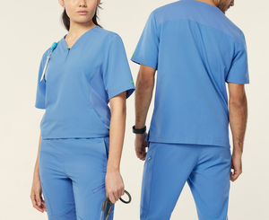 Ensemble de blouses médicales bleues pour femmes, en coton et polyester tissé, pantalon et haut à col en V, manches courtes - Product Image 3