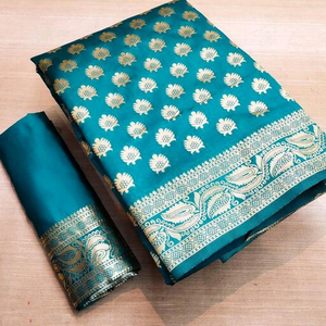 Sari en soie turquoise avec bordure florale dorée et pois blancs pour les mariages et les fêtes, design ethnique indien traditionnel pour femmes - Product Image 4