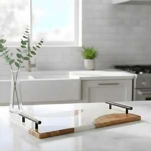 <b>Rustic</b> Farmhouse Epoxy Resin & Acacia Wood Decorative Serving Tray with Luxury Metal Handles for Breakfast, Drinks & Home Decor - Product Image 3