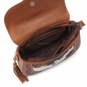Cowgirl Brown Genuine Leather Crossbody Saddle <b>Bag</b> With Cowhide Flap Turquoise Concho Floral Tooling Shoulder <b>Bag</b> Casual Use - Product Image 5