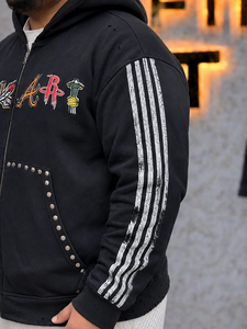 Sweat à capuche zippé pour homme, coupe oversize, 100% coton épais, avec manches imprimées personnalisées, strass et effet vieilli, style streetwear - Product Image 2