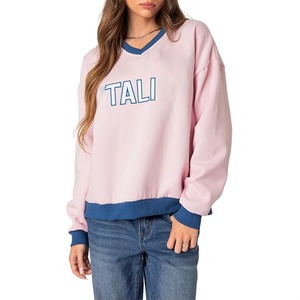 Sudadera Casual de Mujer con Cuello en V, Corte Holgado, Cuello Acanalado, Estampado de Letras y Bordado, Manga Larga, Talla Grande Personalizada - Product Image 1