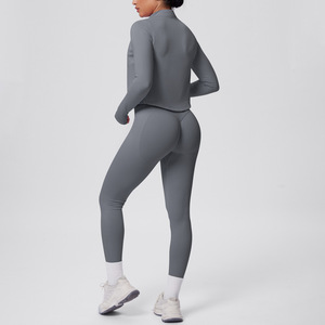 Leggings taille haute longueur intégrale sans couture, extensibles dans quatre directions, froncés aux fesses, gris uni, pour le sport - Product Image 1