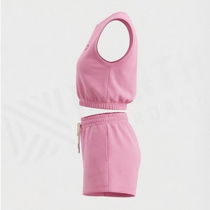 Women's Pink Sleeveless Crop <b>Top</b> and Shorts Set Crew Neck Solid Color Casual Sportswear Above Knee Knitted Spandex Cotton 2 - Product Image 3
