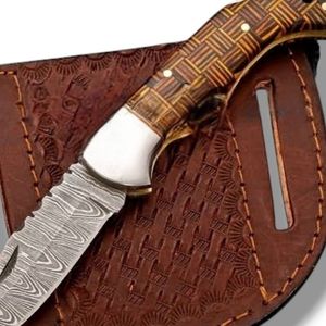 Cuchillos Plegables Damasco con Mango Ergonómico y Funda de Cuero, Cuchillos de Bolsillo Portátiles para Caza, Camping, Senderismo y Uso Diario al Aire Libre - Product Image 3