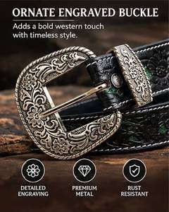 Ceinture en cuir de vachette sculptée à la main, style western, avec des détails floraux profondément gravés, style artisanal en alliage doré d'inspiration vintage - Product Image 4