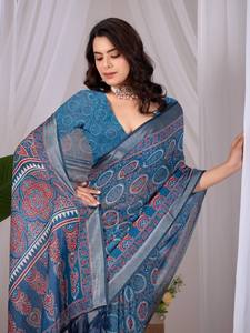 Traditional Indian Saree with Digital Print Blue <b>Red</b> Pattern Floor-Length Women's Wedding Wear Regular Fit Quick Dry All Season - Product Image 2