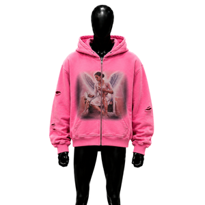 Sudadera con capucha oversize rosa con gráfico de ángel desgastado, unisex, informal, de forro polar, para otoño, estilo urbano desgastado, icónico y elegante. - Product Image 1