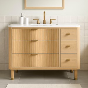 Fluted <b>Wood</b> <b>Bathroom</b> Vanity <b>Cabinet</b> TPF-BV-FL1, Natural Oak Color 36 48 60 Inch, KD Flat Pack, Vietnam OEM - Product Image 1