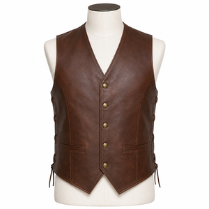 Chaleco de Cuero Genuino Marrón para Hombre, Estilo Vintage con Cuello en V, Cierre de Botones y Espalda con Cordones, Ropa de Abrigo para Otoño - Product Image 1