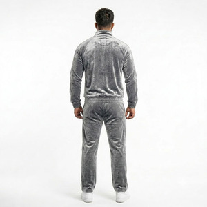 <b>Men's</b> Luxury Grey Acid Wash Crushed Velour Streetwear Tracksuit Set-Premium Vintage <b>Velvet</b> Drawstring <b>Jacket</b> Pants Custom Logo - Product Image 2