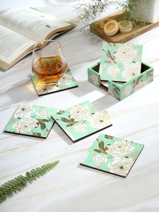 Decorative MDF <b>Drink</b> <b>Coasters</b> Set Leaf Pattern Wooden Printed Table Mat Beverage <b>Coaster</b> with Storage Box for Home Dining - Product Image 1