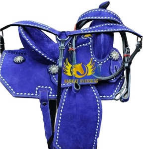 Silla de montar western de cuero de ante azul con costuras blancas, duradera, para carreras de barriles, con asiento acolchado suave y portátil. - Product Image 1