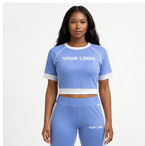 Conjunto de Top Corto y Leggings para Mujer con Logotipo Personalizado, Manga Corta Raglán, Pantalones de Cintura Alta, Traje Deportivo de Dos Piezas para Gimnasio y Fitness - Product Image 1