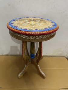 Handcrafted Rajasthani Hand-Painted Wooden Round Stool Decorative Side Table Ethnic Home Decor Nightstand Bedside - Product Image 3