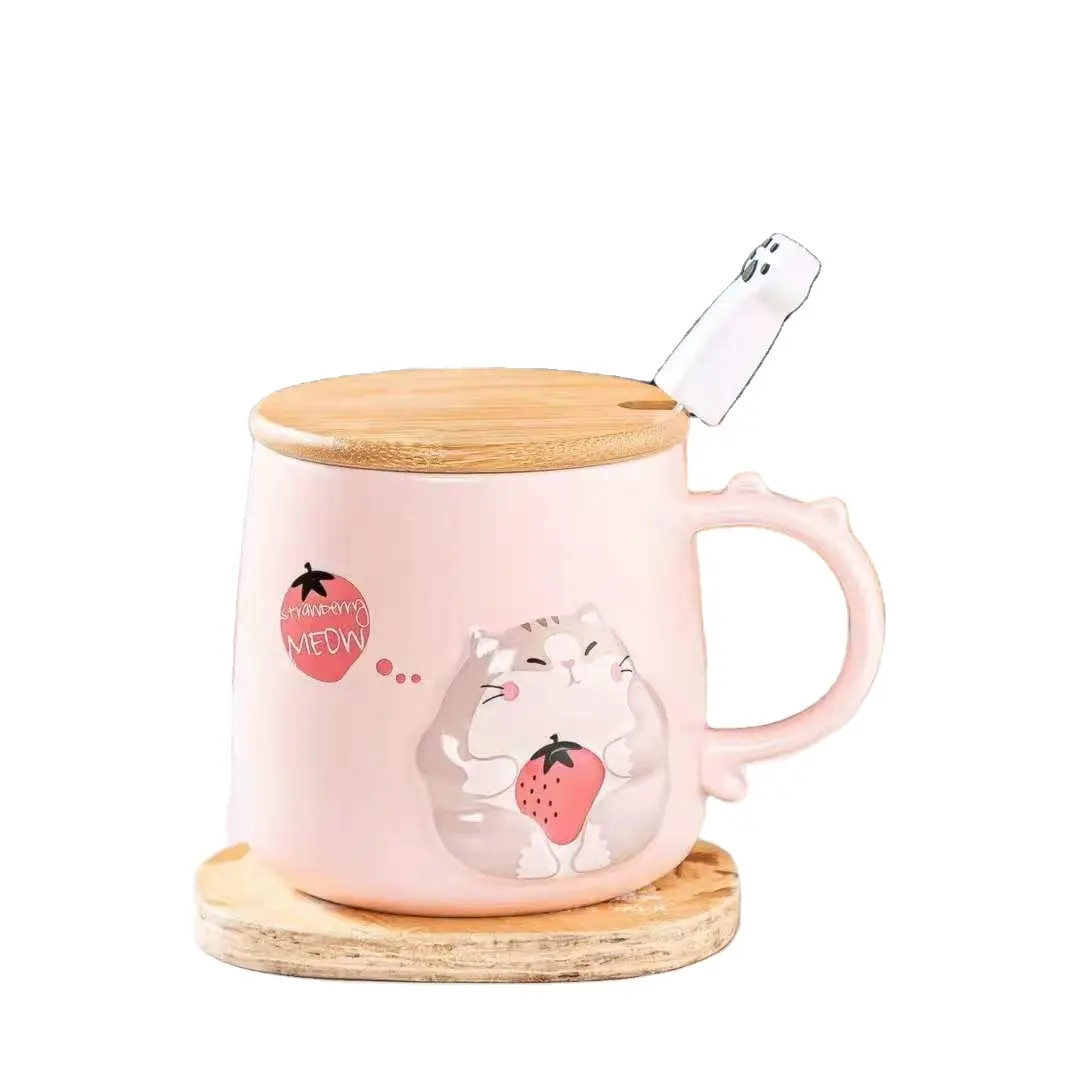 Tazza e cucchiaio di gatto in ceramica goffrata Set tazze di cartone animato in ceramica tazza di caffè in porcellana creativa con coperchio in bambù cucchiaio all'ingrosso