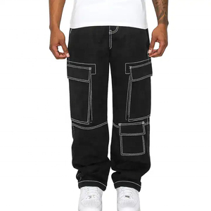 Pantalon cargo noir pour homme, coupe droite, plusieurs poches, en toile, style workwear, taille élastique, respirant, pour l'automne - Product Image 6