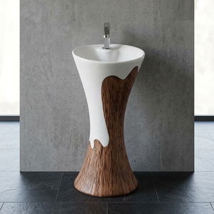 Lavabo de Pedestal de Cerámica con Relieve Vitrossa Matt, Diseño de Madera, Blanco y Marrón - Product Image 6