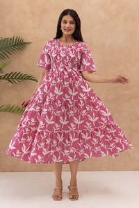Robe midi rose à rayures et imprimé floral, col en V, manches courtes, coupe trapèze ample, décontractée, en coton tissé respirant pour l'été - Product Image 5