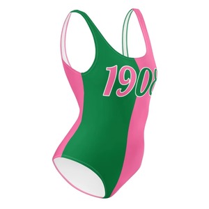 Traje de Baño de una Pieza en Dos Tonos Verde y Rosa 1908, Traje de Baño con Bloques de Color para Mujer, Impresión de Número Personalizado, Traje de Baño para Playa y Piscina de Verano - Product Image 3