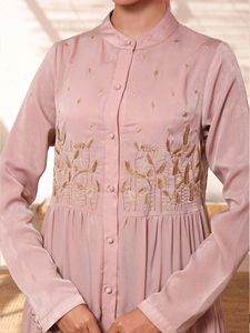 Pink Embroidered Cotton Abaya Long Sleeve Floor Length Modest Dress For Women Middle East Style Daily Wear - Product Image 5