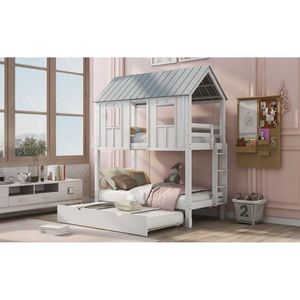 Cama litera doble blanca y gris con techo y ventanas, con cama nido extraíble - Camas infantiles (SKU ANTIGUO GX000705AAK 1) - Product Image 4